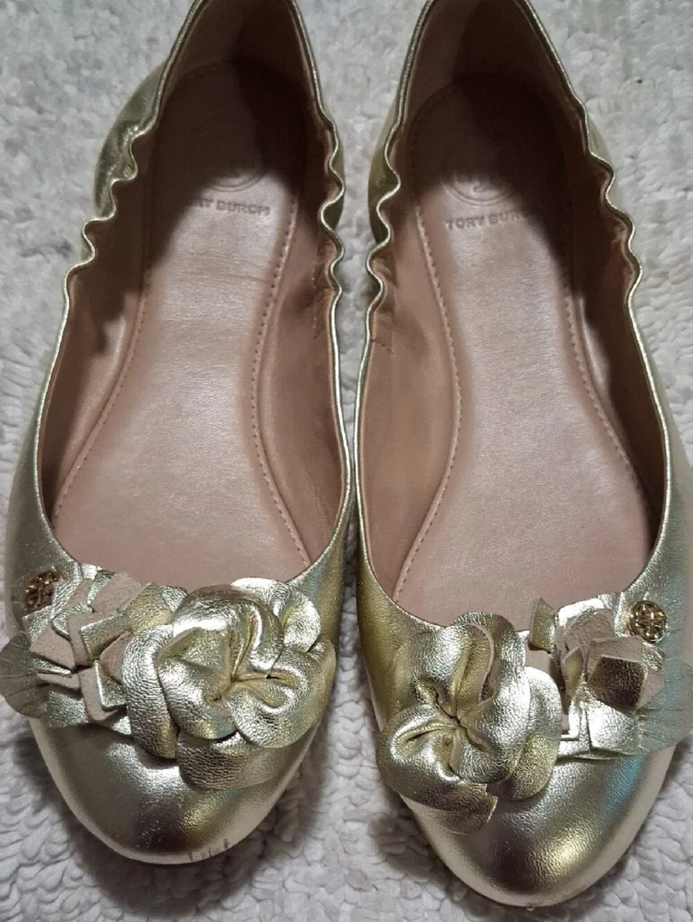 Tory Burch Metallic Gold Floral Leather Ballet Flats